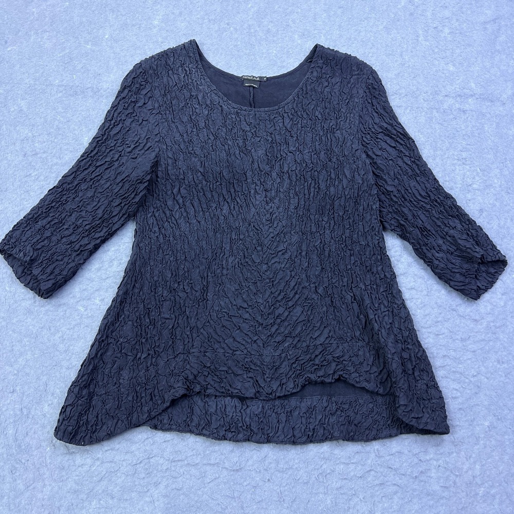 Grizas Top Womens Small Black Silk Crinkle Texture Scoop 3/4 Sleeve Tunic Blouse